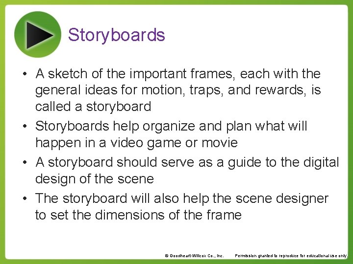 Storyboards • A sketch of the important frames, each with the general ideas for