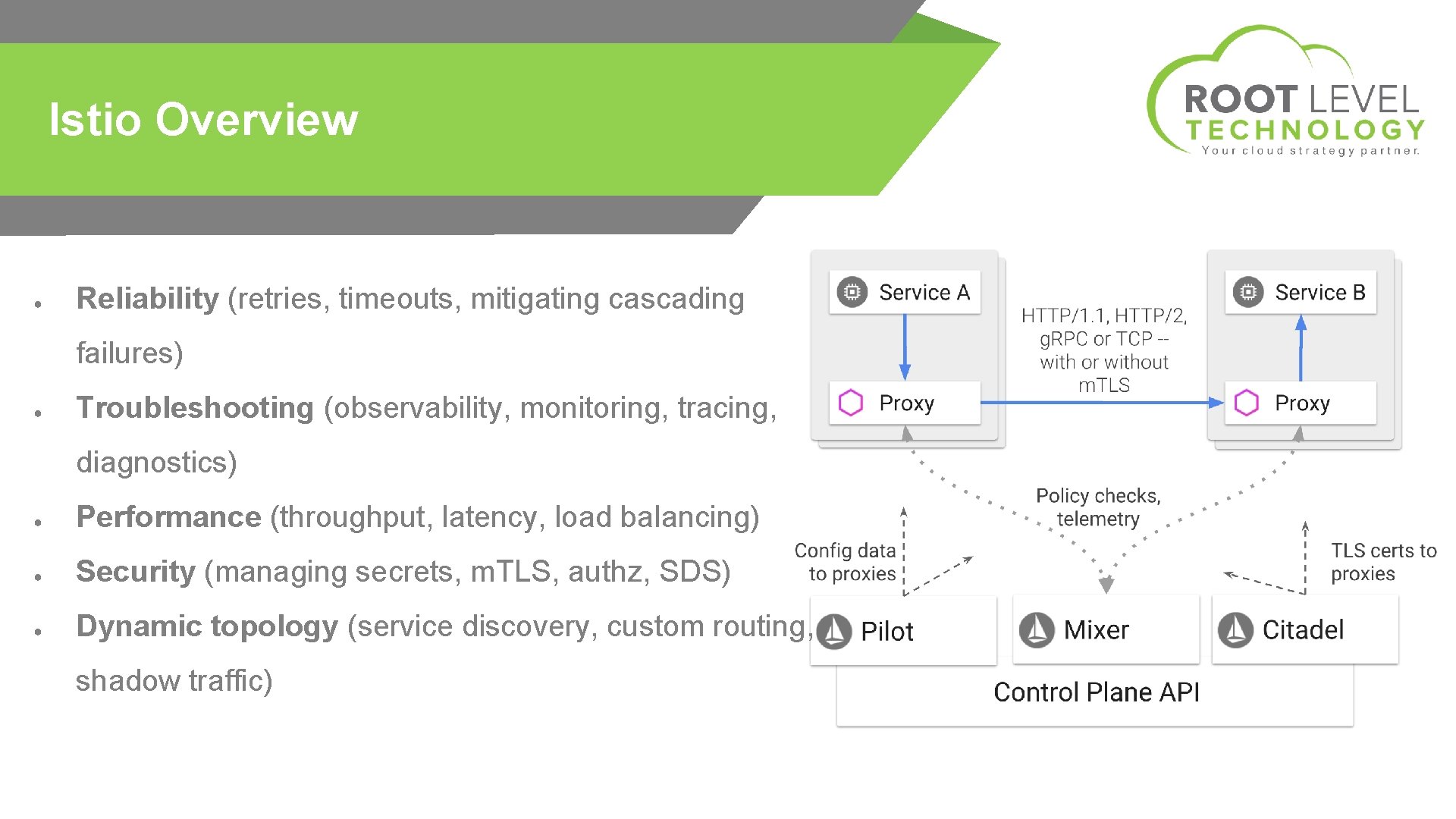 Istio Overview ● Reliability (retries, timeouts, mitigating cascading failures) ● Troubleshooting (observability, monitoring, tracing,
