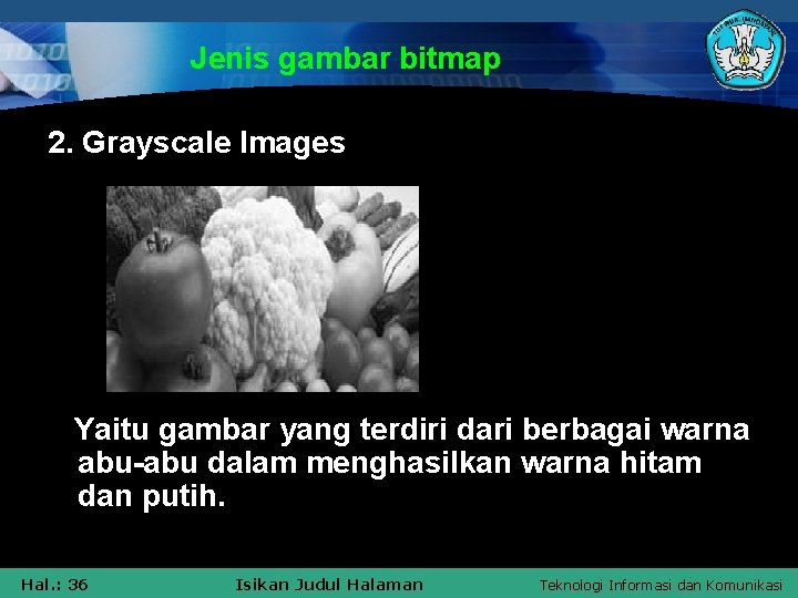 Jenis gambar bitmap 2. Grayscale Images Yaitu gambar yang terdiri dari berbagai warna abu-abu