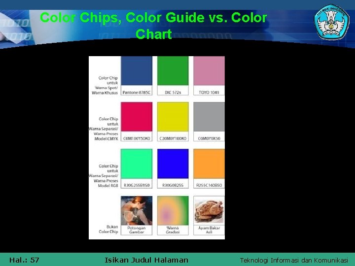 Color Chips, Color Guide vs. Color Chart Hal. : 57 Isikan Judul Halaman Teknologi