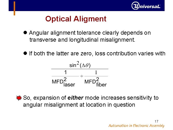 Optical Aligment Angular alignment tolerance clearly depends on transverse and longitudinal misalignment. If both