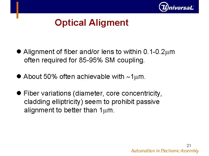 Optical Aligment Alignment of fiber and/or lens to within 0. 1 -0. 2 m