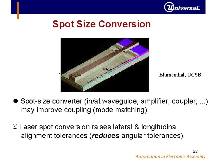 Spot Size Conversion Blumenthal, UCSB Spot-size converter (in/at waveguide, amplifier, coupler, . . .