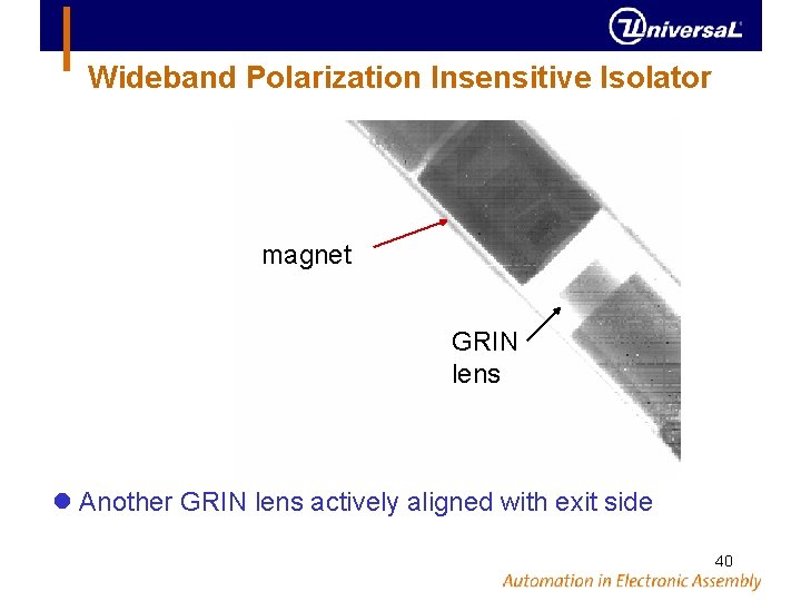 Wideband Polarization Insensitive Isolator magnet GRIN lens Another GRIN lens actively aligned with exit