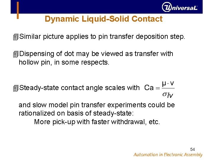 Dynamic Liquid-Solid Contact Similar picture applies to pin transfer deposition step. Dispensing of dot