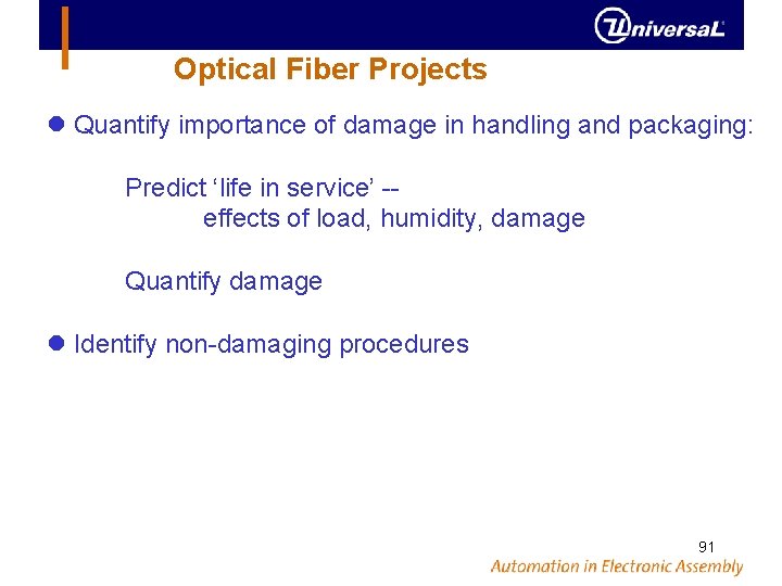 Optical Fiber Projects Quantify importance of damage in handling and packaging: Predict ‘life in