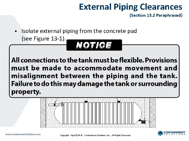 External Piping Clearances (Section 13. 2 Paraphrased) • Isolate external piping from the concrete