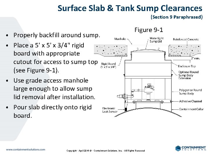 Surface Slab & Tank Sump Clearances (Section 9 Paraphrased) • Properly backfill around sump.