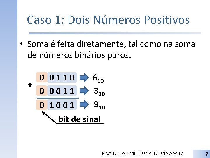 Caso 1: Dois Números Positivos • Soma é feita diretamente, tal como na soma