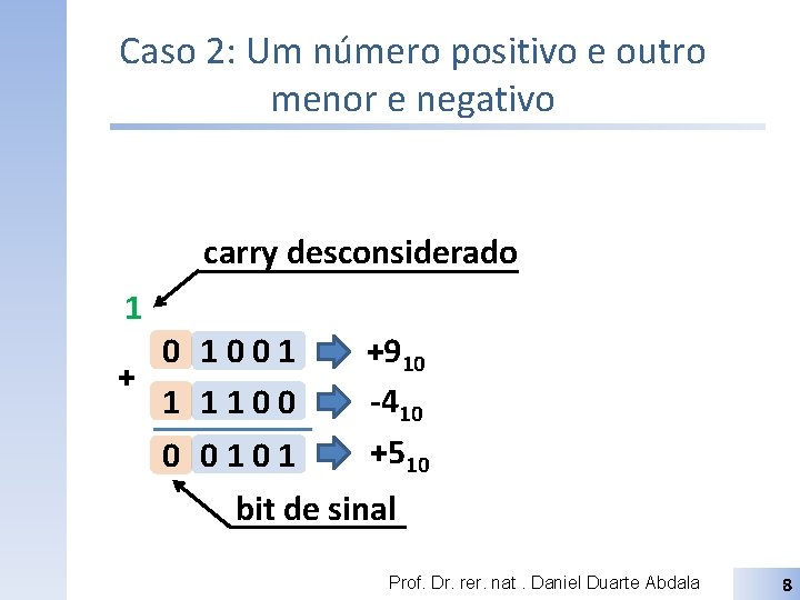 Caso 2: Um número positivo e outro menor e negativo carry desconsiderado 1 0