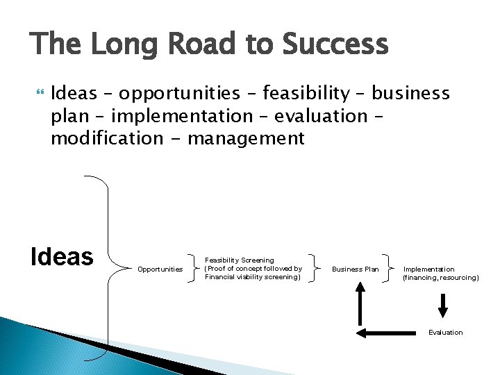 The Long Road to Success Ideas – opportunities – feasibility – business plan –