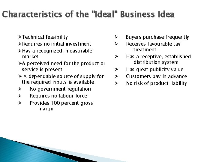 Characteristics of the "Ideal" Business Idea ØTechnical feasibility ØRequires no initial investment ØHas a