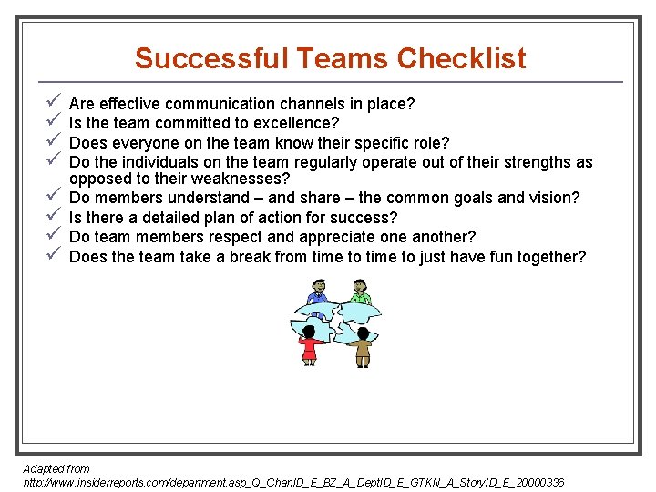 Successful Teams Checklist ü ü ü ü Are effective communication channels in place? Is