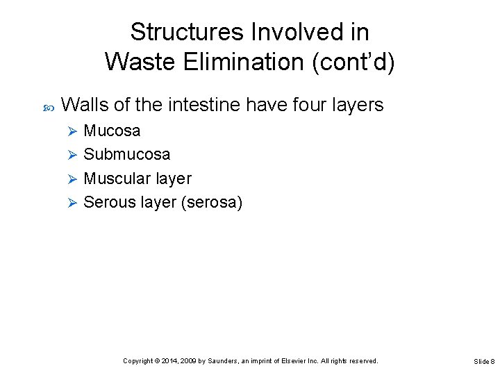 Structures Involved in Waste Elimination (cont’d) Walls of the intestine have four layers Mucosa