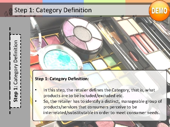Step 1: Category Definition: • • In this step, the retailer defines the Category,