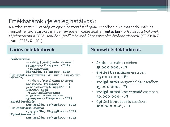 Értékhatárok (jelenleg hatályos): A Közbeszerzési Hatóság az egyes beszerzési tárgyak esetében alkalmazandó uniós és