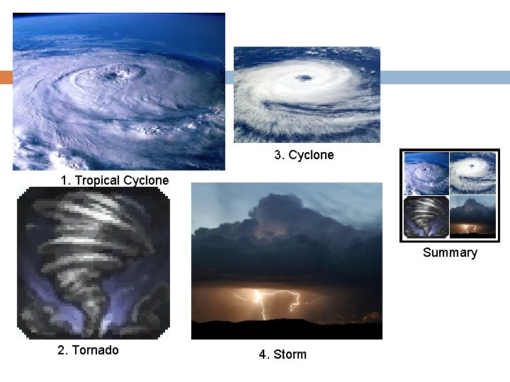 3. Cyclone 1. Tropical Cyclone Summary 2. Tornado 4. Storm 