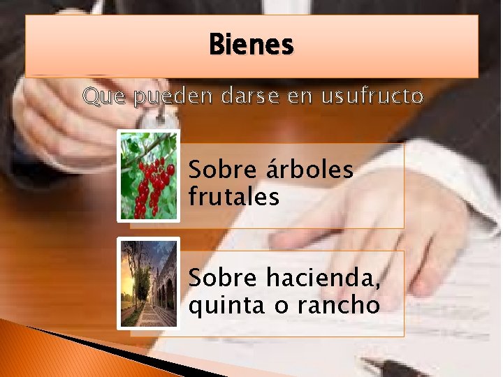 Bienes Que pueden darse en usufructo Sobre árboles frutales Sobre hacienda, quinta o rancho