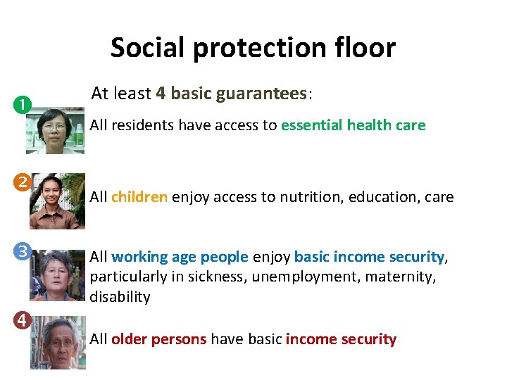 Social protection floor At least 4 basic guarantees: All residents have access to essential