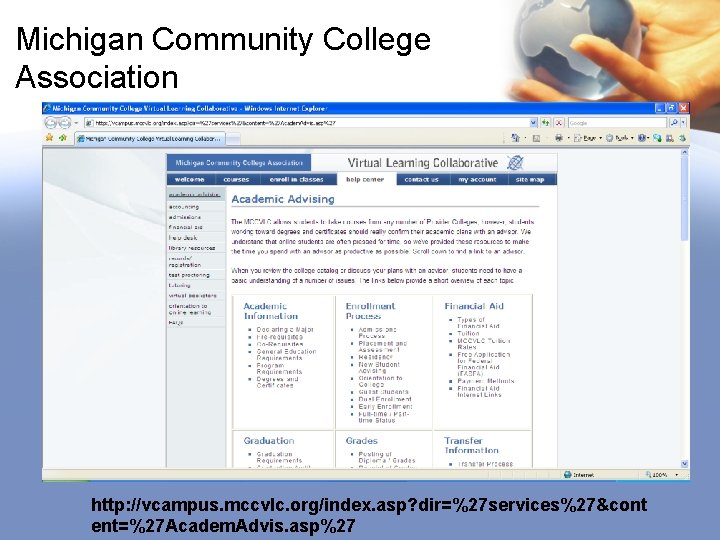 Michigan Community College Association http: //vcampus. mccvlc. org/index. asp? dir=%27 services%27&cont ent=%27 Academ. Advis.