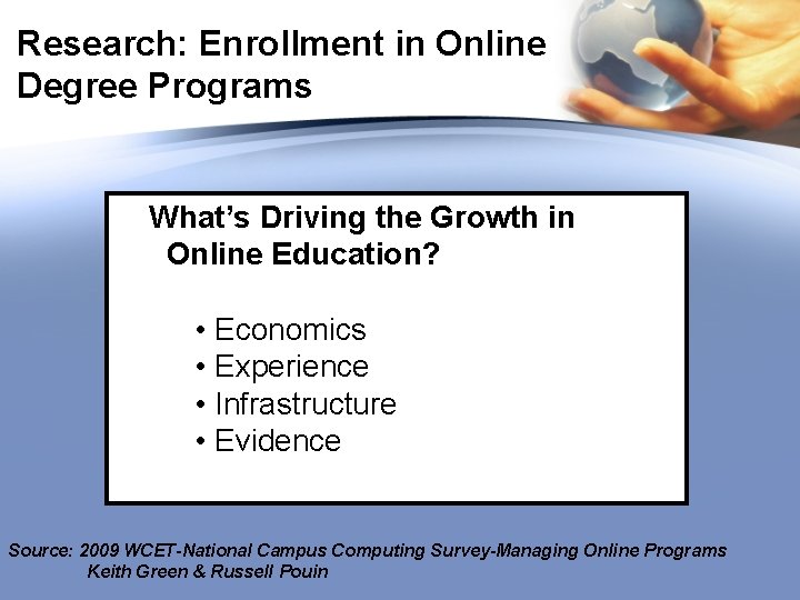 Research: Enrollment in Online Degree Programs What’s Driving the Growth in Online Education? •