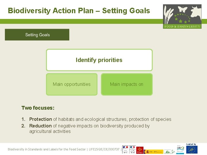 Biodiversity Action Plan – Setting Goals Identify priorities Main opportunities Main impacts on Two