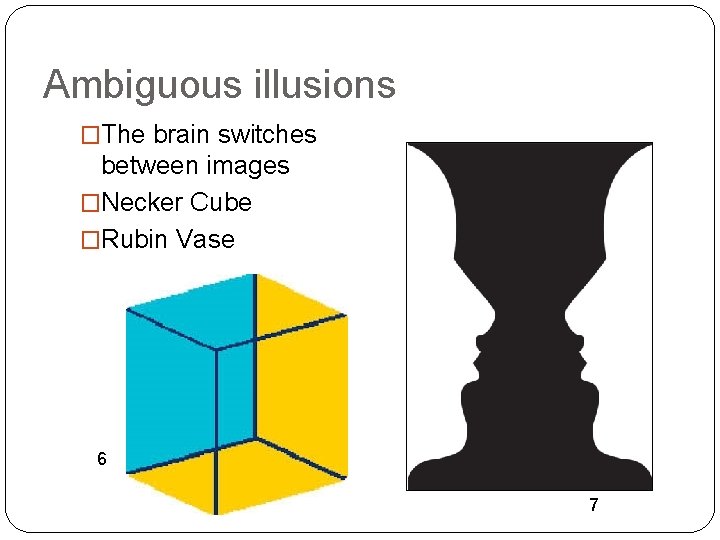 Ambiguous illusions �The brain switches between images �Necker Cube �Rubin Vase 6 7 