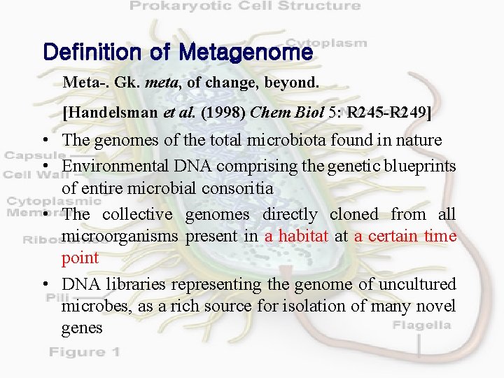 Definition of Metagenome Meta-. Gk. meta, of change, beyond. [Handelsman et al. (1998) Chem