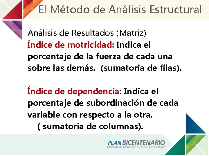 El Método de Análisis Estructural Análisis de Resultados (Matriz) Índice de motricidad: Indica el