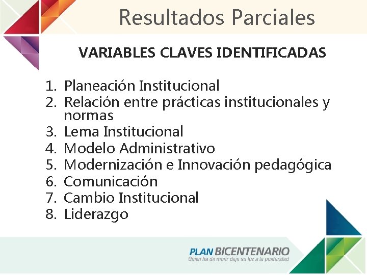 Resultados Parciales VARIABLES CLAVES IDENTIFICADAS 1. Planeación Institucional 2. Relación entre prácticas institucionales y