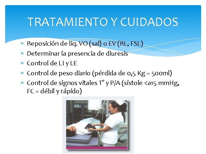 TRATAMIENTO Y CUIDADOS Reposición de liq. VO (sal) o EV (RL, FSL) Determinar la