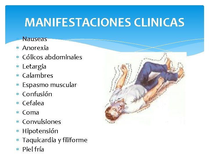 MANIFESTACIONES CLINICAS Nauseas Anorexia Cólicos abdominales Letargia Calambres Espasmo muscular Confusión Cefalea Coma Convulsiones
