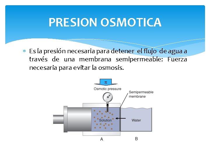 PRESION OSMOTICA Es la presión necesaria para detener el flujo de agua a través