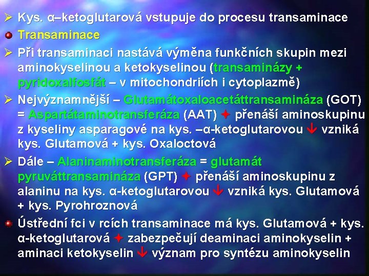 Ø Kys. α–ketoglutarová vstupuje do procesu transaminace Transaminace Ø Při transaminaci nastává výměna funkčních