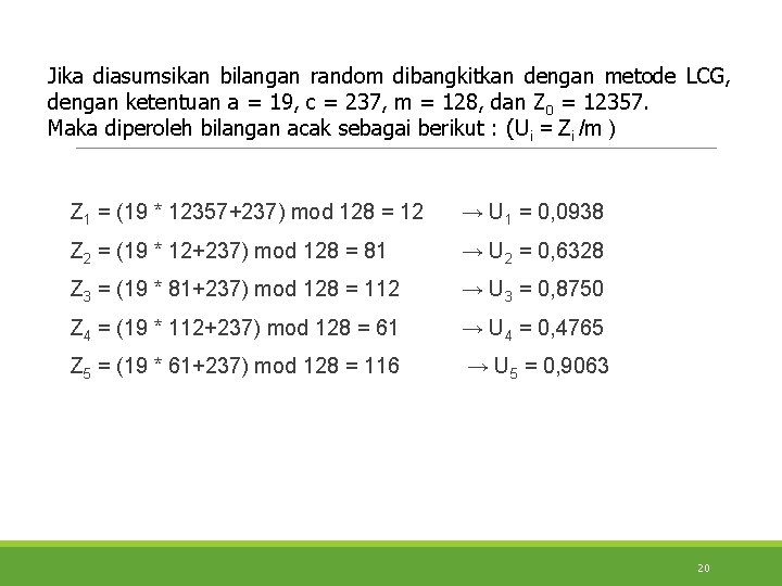 Jika diasumsikan bilangan random dibangkitkan dengan metode LCG, dengan ketentuan a = 19, c