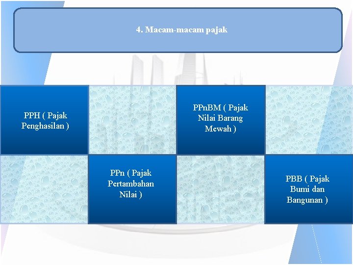 4. Macam-macam pajak PPn. BM ( Pajak Nilai Barang Mewah ) PPH ( Pajak