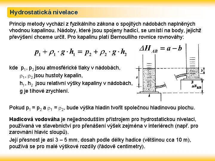 Hydrostatická nivelace Princip metody vychází z fyzikálního zákona o spojitých nádobách naplněných vhodnou kapalinou.