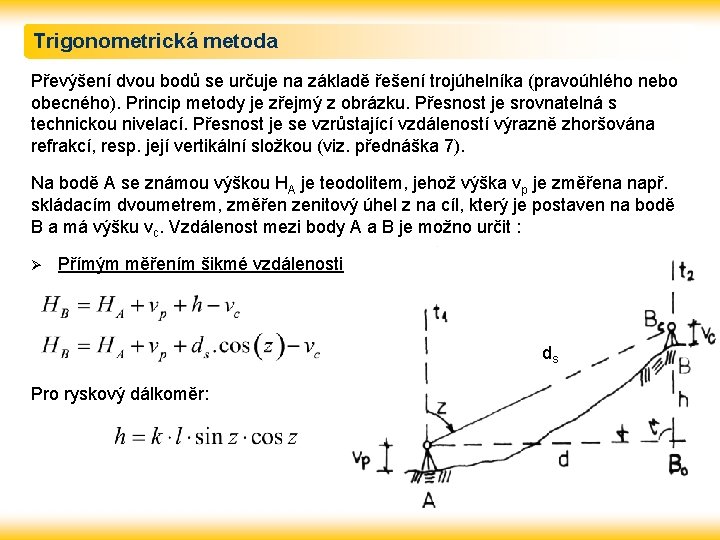 Trigonometrická metoda Převýšení dvou bodů se určuje na základě řešení trojúhelníka (pravoúhlého nebo obecného).