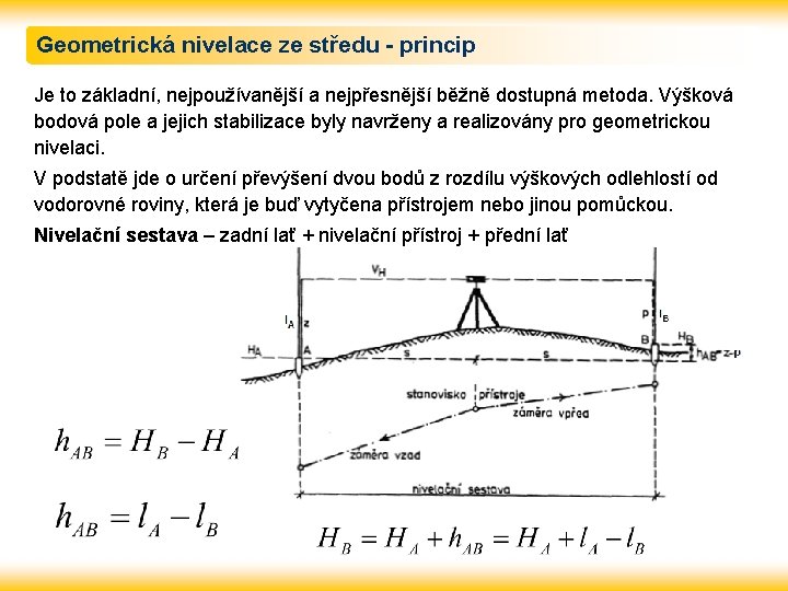 Geometrická nivelace ze středu - princip Je to základní, nejpoužívanější a nejpřesnější běžně dostupná