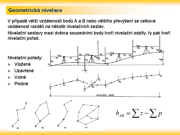 Geometrická nivelace V případě větší vzdálenosti bodů A a B nebo většího převýšení se