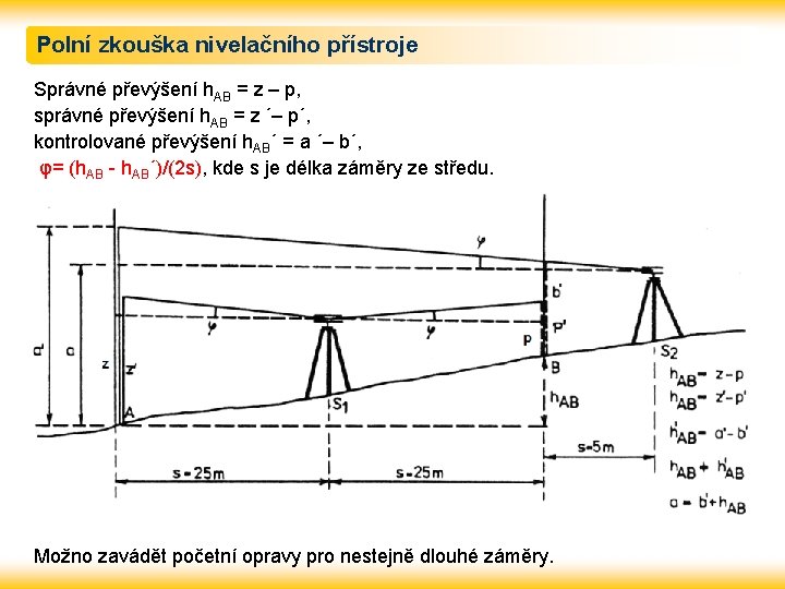 Polní zkouška nivelačního přístroje Správné převýšení h. AB = z – p, správné převýšení