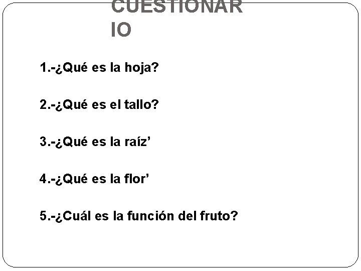 CUESTIONAR IO 1. -¿Qué es la hoja? 2. -¿Qué es el tallo? 3. -¿Qué