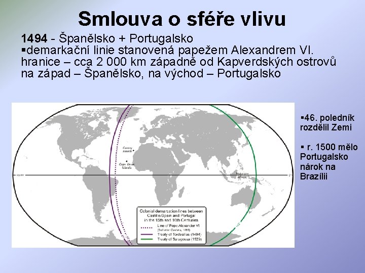 Smlouva o sféře vlivu 1494 - Španělsko + Portugalsko §demarkační linie stanovená papežem Alexandrem