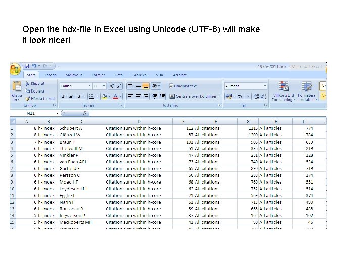 Open the hdx-file in Excel using Unicode (UTF-8) will make it look nicer! 