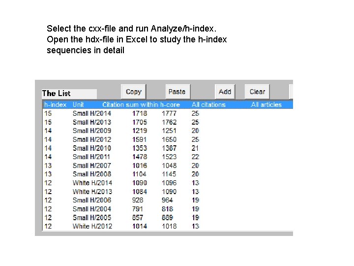 Select the cxx-file and run Analyze/h-index. Open the hdx-file in Excel to study the