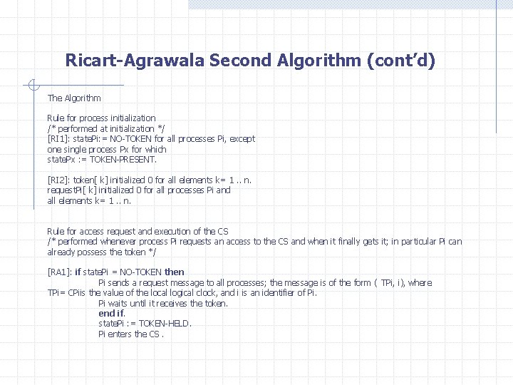 Ricart-Agrawala Second Algorithm (cont’d) The Algorithm Rule for process initialization /* performed at initialization