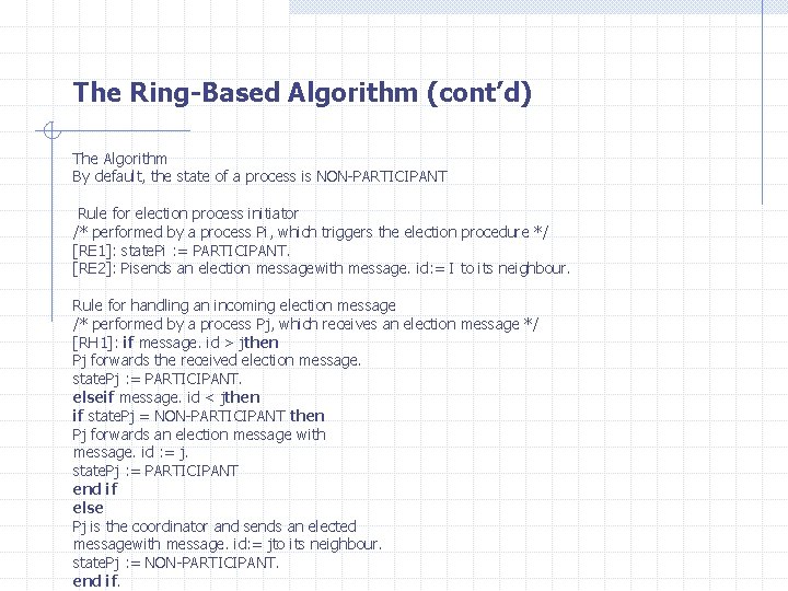 The Ring-Based Algorithm (cont’d) The Algorithm By default, the state of a process is