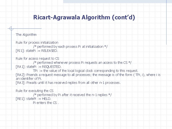 Ricart-Agrawala Algorithm (cont’d) The Algorithm Rule for process initialization /* performed by each process