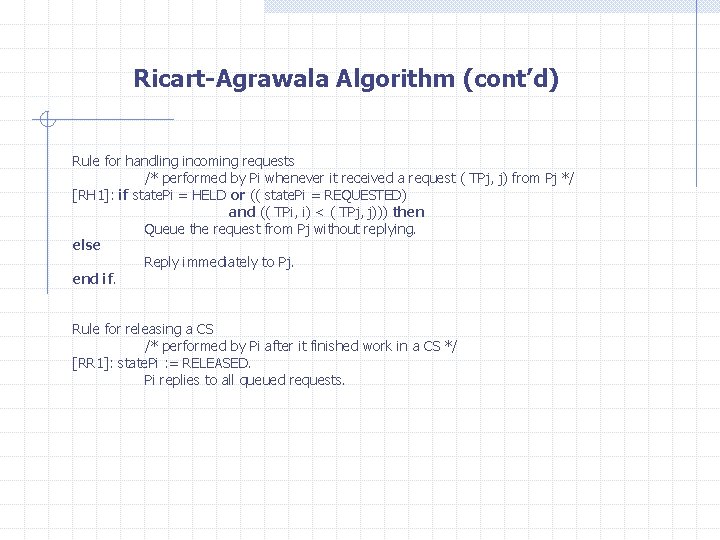 Ricart-Agrawala Algorithm (cont’d) Rule for handling incoming requests /* performed by Pi whenever it