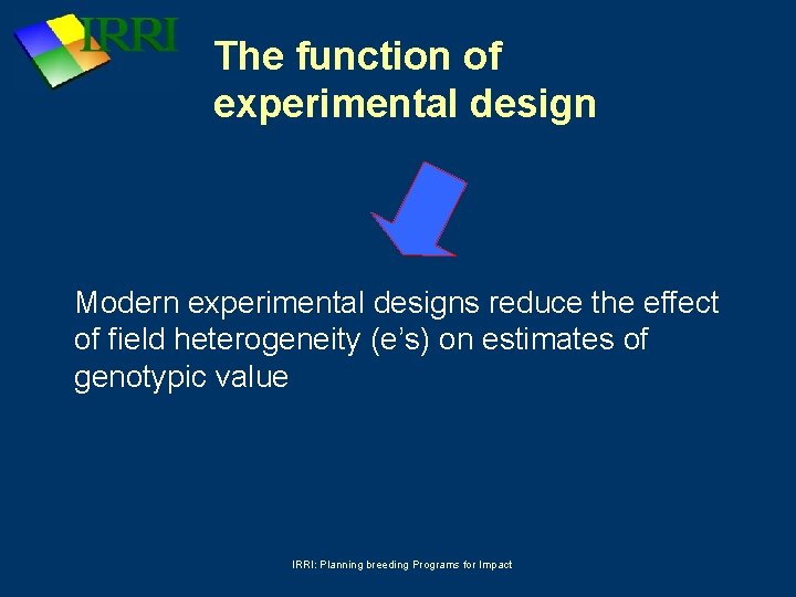 The function of experimental design Modern experimental designs reduce the effect of field heterogeneity